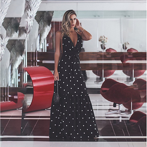 

Women's Swing Dress White Black Red Sleeveless Polka Dot Halter Neck Elegant S M L XL