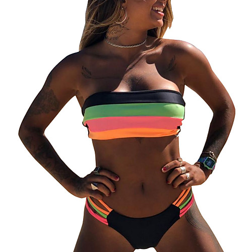 

Women's Sporty Basic Bandeau Cheeky Tankini Swimwear Swimsuit - Striped Color Block Print S M L Black Yellow Blushing Pink Orange