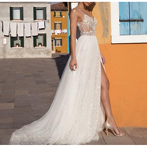 

A-Line Wedding Dresses V Neck Floor Length Tulle Sleeveless Casual Boho Plus Size with Appliques Split Front 2020