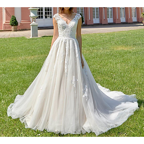 

A-Line Wedding Dresses V Neck Court Train Lace Tulle Polyester Regular Straps Formal Plus Size with Lace Insert Appliques 2021