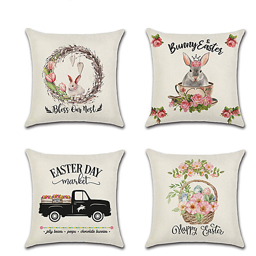 

Set of 4 Linen Pillow CoverRustic Cartoon Holiday Rabbit Truck Throw Pillow