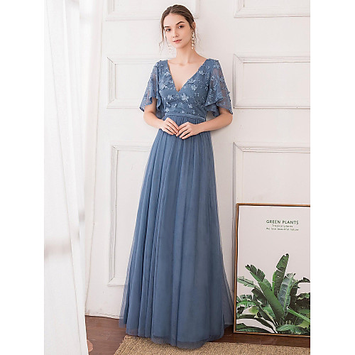 

A-Line Empire Wedding Guest Prom Dress V Neck Short Sleeve Floor Length Tulle with Pleats Appliques 2021