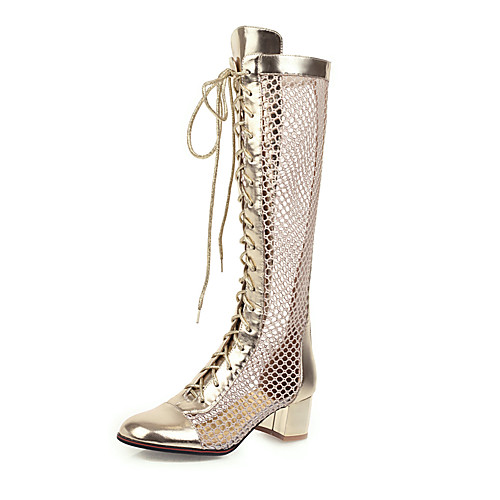 

Women's Boots Mesh Chunky Heel Round Toe Microfiber Mid-Calf Boots Classic / Vintage Spring & Summer Gold / Silver / Party & Evening
