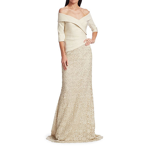 

Sheath / Column Mother of the Bride Dress Elegant Off Shoulder Floor Length Polyester Half Sleeve with Appliques Ruching 2021