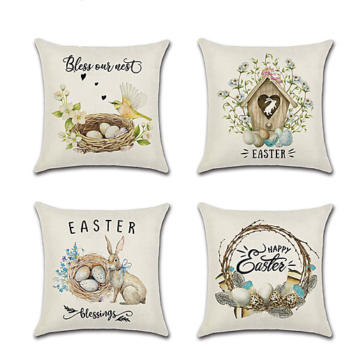 

Happy Easter Set of 4 Linen Pillow Cover Easter Holiday Cartoon Traditional Happy Rabbit Throw Pillow 4545 cm