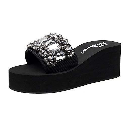 

Women's Slippers & Flip-Flops Wedge Heel Open Toe Rhinestone Polyester Classic / Vintage Walking Shoes Summer Black