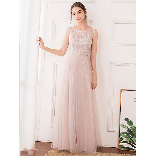 

A-Line Jewel Neck Floor Length Tulle Bridesmaid Dress with Sequin