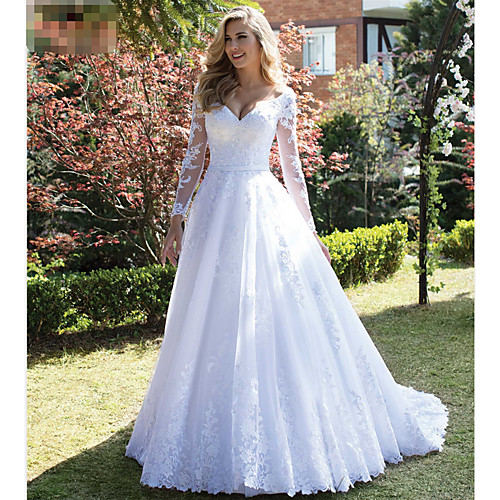 

A-Line Wedding Dresses V Neck Court Train Lace Long Sleeve Country with 2021