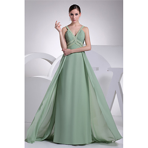 

A-Line Sparkle Formal Evening Dress Spaghetti Strap Sleeveless Floor Length Chiffon with Beading 2021