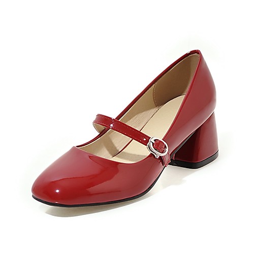 

Women's Heels Chunky Heel Round Toe Buckle Patent Leather Sweet / Minimalism Spring & Fall Black / White / Red / Wedding / Party & Evening