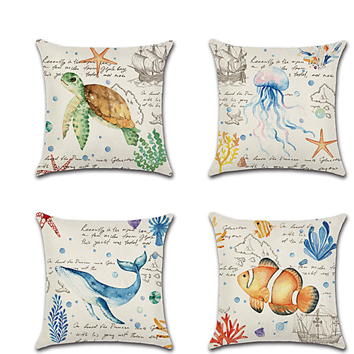 

4 pcs Linen Pillow Cover, Animal Cartoon Mediterranean Square Traditional Classic