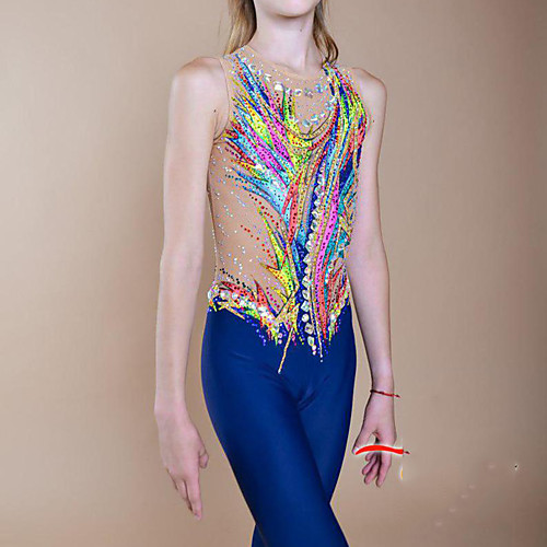 

21Grams Rhythmic Gymnastics Leotards Artistic Gymnastics Leotards Women's Girls' Leotard Blue Spandex High Elasticity Handmade Jeweled Diamond Look Sleeveless Competition Dance Rhythmic Gymnastics