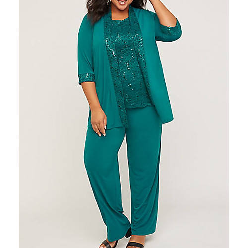 

Pantsuit / Jumpsuit Mother of the Bride Dress Plus Size See Through Jewel Neck Floor Length Polyester 3/4 Length Sleeve with Appliques Ruching 2021
