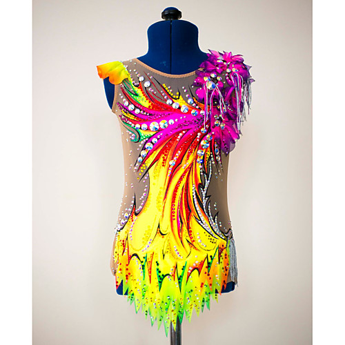

21Grams Rhythmic Gymnastics Leotards Artistic Gymnastics Leotards Women's Girls' Leotard Yellow Spandex High Elasticity Breathable Handmade Jeweled Diamond Look Sleeveless Training Dance Rhythmic