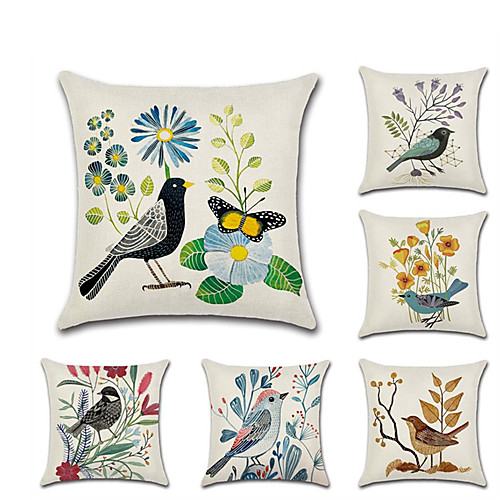 

Set of 6 Linen Pillow Cover Rustic Holiday Spring flowers and Birds Throw Pillow 4545 cm