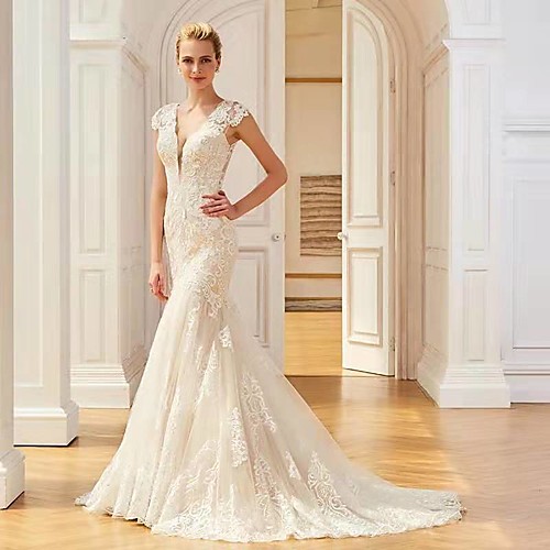 

Mermaid / Trumpet Wedding Dresses V Neck Sweep / Brush Train Lace Regular Straps Country with 2021
