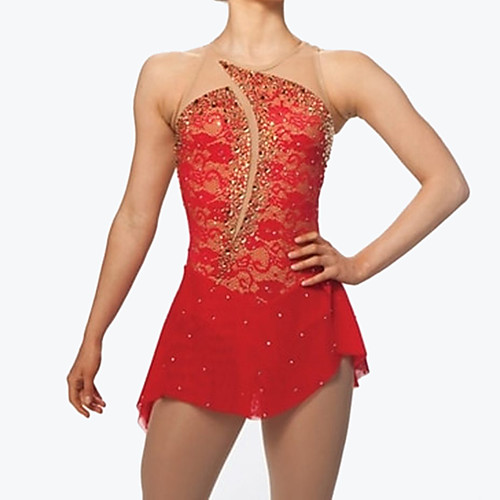 

Figure Skating Dress Women's Girls' Ice Skating Dress Red Patchwork Spandex High Elasticity Training Competition Skating Wear Crystal / Rhinestone Sleeveless Ice Skating Figure Skating