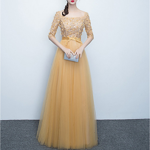 

A-Line Sparkle Prom Formal Evening Dress Scoop Neck Half Sleeve Floor Length Polyester with Bow(s) Sequin Appliques 2021