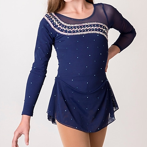 

Figure Skating Dress Women's Girls' Ice Skating Dress Dark Blue Spandex High Elasticity Training Competition Skating Wear Patchwork Crystal / Rhinestone Long Sleeve Ice Skating Figure Skating / Kids