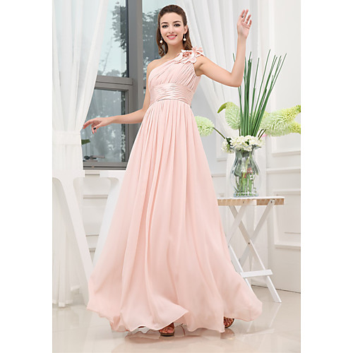 

A-Line Elegant Wedding Guest Engagement Prom Dress One Shoulder Sleeveless Floor Length Chiffon with Pleats Ruched 2021