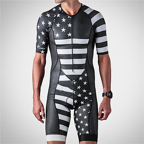 

21Grams Men's Short Sleeve Triathlon Tri Suit Black / White American / USA National Flag Bike Clothing Suit UV Resistant Breathable Quick Dry Sweat-wicking Sports Solid Color Mountain Bike MTB Road