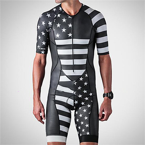 

21Grams Men's Short Sleeve Triathlon Tri Suit Spandex BlackWhite Solid Color American / USA National Flag Bike UV Resistant Quick Dry Breathable Sports Solid Color Mountain Bike MTB Road Bike Cycling