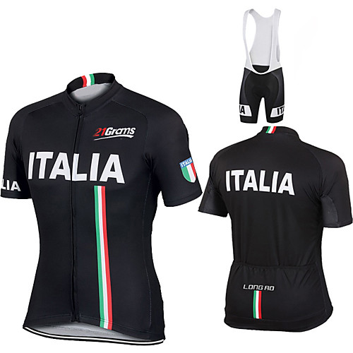 

21Grams Men's Short Sleeve Cycling Jersey with Bib Shorts Winter Spandex Polyester Black Black / White Italy National Flag Bike Clothing Suit UV Resistant Breathable 3D Pad Quick Dry Sweat-wicking