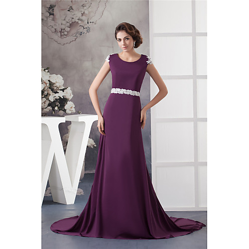 

A-Line Elegant Engagement Formal Evening Dress Jewel Neck Short Sleeve Court Train Chiffon with Beading Appliques 2021