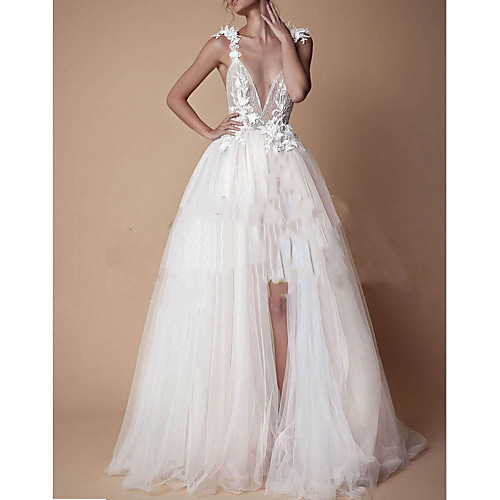 

A-Line Wedding Dresses V Neck Floor Length Lace Tulle Cap Sleeve Formal Boho Plus Size with Lace Insert Appliques Split Front 2021