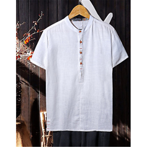 

Men's Solid Colored Basic Slim Shirt - Linen Chinoiserie Daily Weekend Standing Collar White / Khaki / Navy Blue / Summer / Short Sleeve