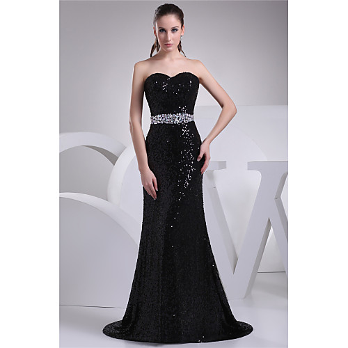 

Sheath / Column Elegant Formal Evening Dress Sweetheart Neckline Sleeveless Court Train Sequined with Beading 2021