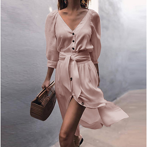 

Women's Sheath Dress Midi Dress White Blushing Pink Gray Long Sleeve Solid Colored Spring & Summer V Neck Hot Elegant 2021 S M L XL