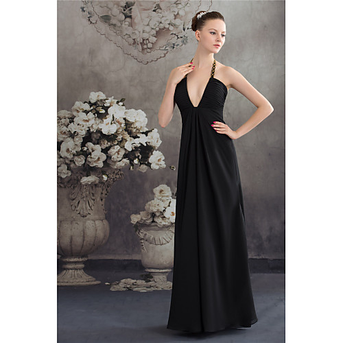 

A-Line Elegant Formal Evening Dress Halter Neck Sleeveless Floor Length Chiffon with Ruched Beading 2021