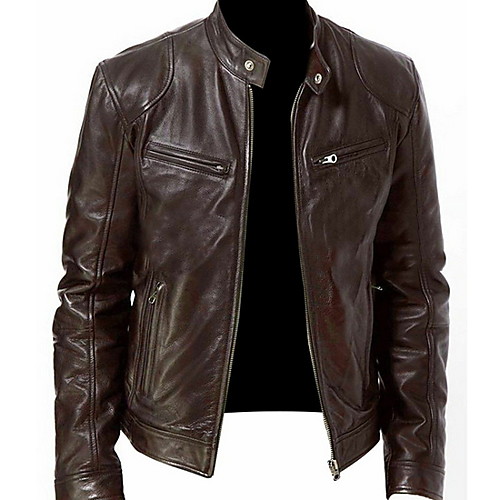 

Men's Daily Fall & Winter Regular Leather Jacket, Solid Colored Stand Long Sleeve Polyester Black / Brown / Khaki