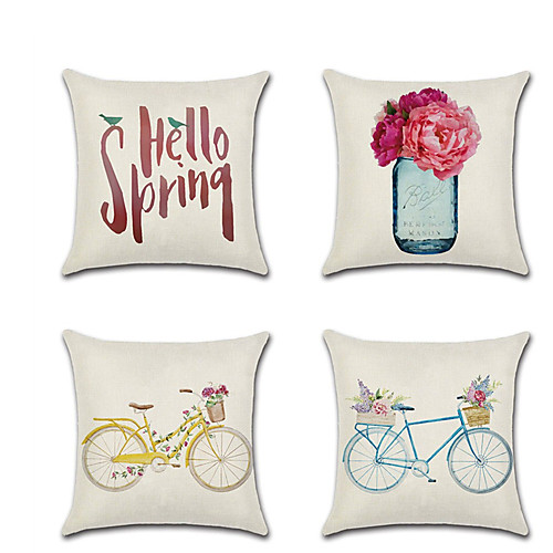 

Set of 4 Linen Pillow Cover Holiday Cartoon Floral Print Lovers Wedding Throw Pillow 4545 cm