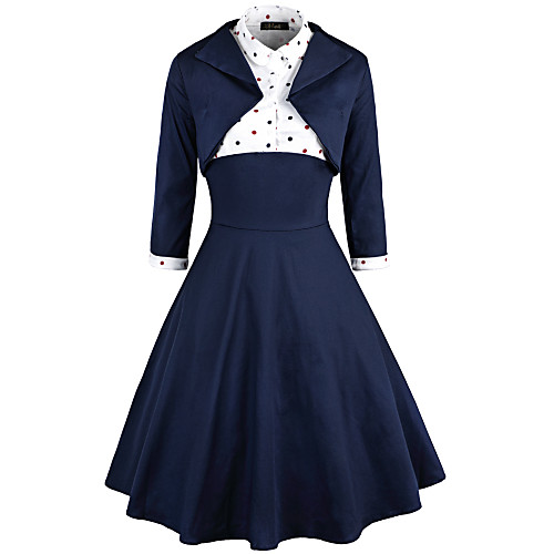 

Audrey Hepburn Dresses Retro Vintage 1950s Wasp-Waisted Vacation Dress Dress A-Line Dress Tea Dress Rockabilly Women's Cotton Costume Ink Blue Vintage Cosplay Party Daily Wear Long Sleeve Midi / Top