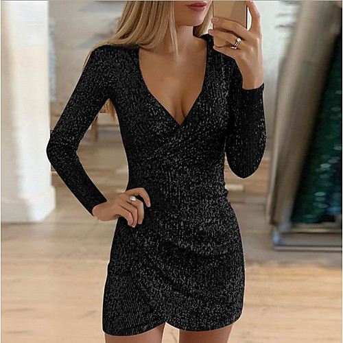 

Women's Sheath Dress Short Mini Dress Black Purple Yellow Blushing Pink Wine Gold Green Silver Gray Long Sleeve Solid Colored V Neck Hot Elegant S M L XL XXL 3XL