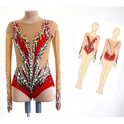 

21Grams Rhythmic Gymnastics Leotards Artistic Gymnastics Leotards Women's Girls' Leotard Red Spandex High Elasticity Handmade Jeweled Diamond Look Long Sleeve Competition Dance Rhythmic Gymnastics