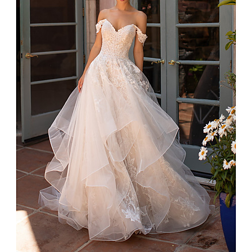 

A-Line Wedding Dresses Strapless Court Train Polyester Short Sleeve Formal Illusion Detail with Lace Insert Appliques 2021