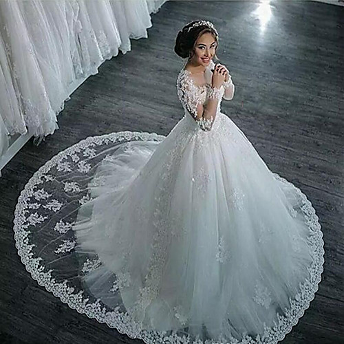 

A-Line Wedding Dresses High Neck Court Train Lace Long Sleeve Country Glamorous Backless Illusion Sleeve with 2021