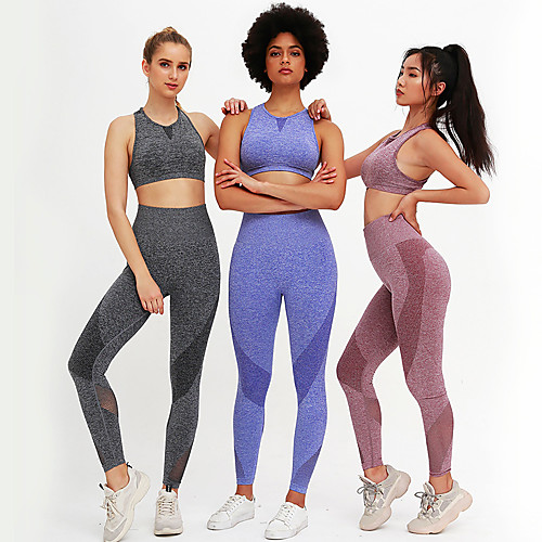 

Women's 2 Piece Tracksuit Yoga Suit Seamless Patchwork Blue Pink Gray Mesh Running Fitness Gym Workout Leggings Bra Top Sleeveless Sport Activewear Quick Dry Butt Lift Tummy Control High Elasticity