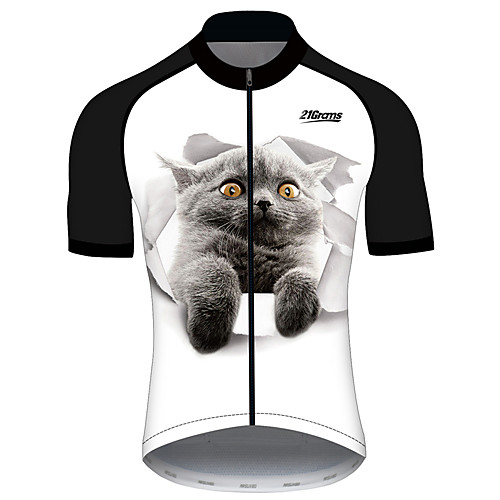 

21Grams Men's Short Sleeve Cycling Jersey Spandex BlackWhite Cat Animal Bike Jersey Top Mountain Bike MTB Road Bike Cycling UV Resistant Quick Dry Breathable Sports Clothing Apparel / Stretchy
