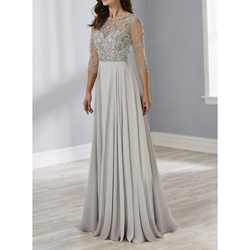 

Sheath / Column Mother of the Bride Dress Elegant Jewel Neck Floor Length Chiffon Lace 3/4 Length Sleeve with Lace Appliques Ruching 2021