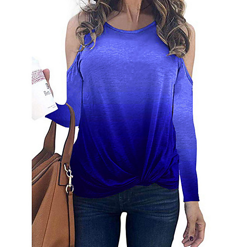 

Women's T-shirt Color Block Long Sleeve Round Neck Tops Basic Top Blue Purple Wine
