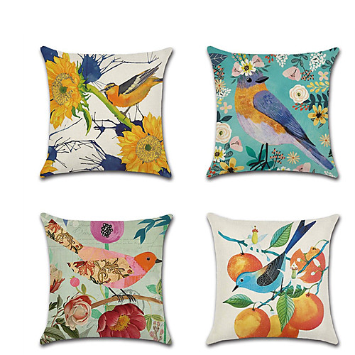 

4 pcs Linen Pillow Cover HolidayRustic Cartoon Flower and Bird Throw Pillow 4545 cm