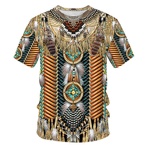 

Men's T shirt Solid Colored Tribal 3D Patchwork Print Short Sleeve Daily Tops Basic Streetwear Khaki