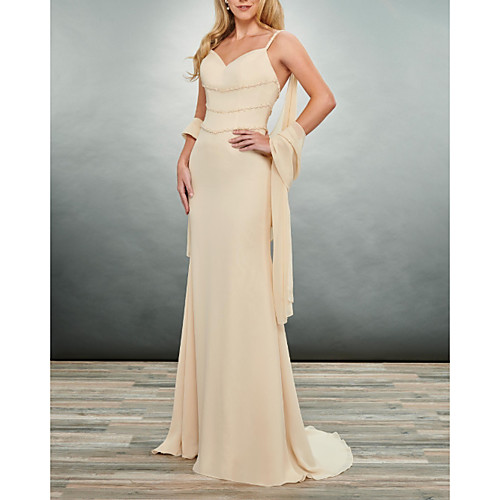 

Sheath / Column Mother of the Bride Dress Elegant V Neck Floor Length Chiffon Sleeveless with Tier Ruching 2021