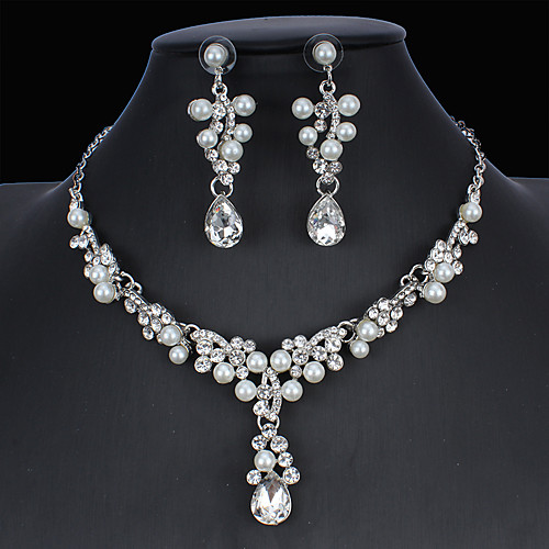 

Women's White Hoop Earrings Pendant Necklace Necklace Classic Drop Pear Basic Korean Sweet Cute Imitation Pearl Earrings Jewelry Silver For Wedding Party Engagement Two-piece Suit