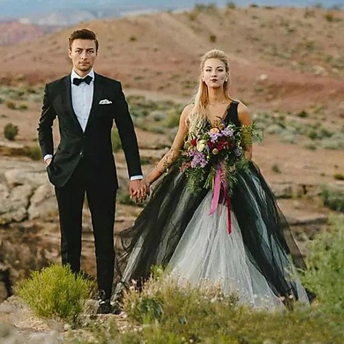 

Ball Gown Wedding Dresses V Neck Court Train Tulle Regular Straps Sexy Plus Size Black with Appliques 2021