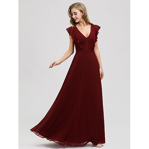 

A-Line Plunging Neck Floor Length Chiffon Bridesmaid Dress with Ruching / Open Back / Butterfly Sleeve